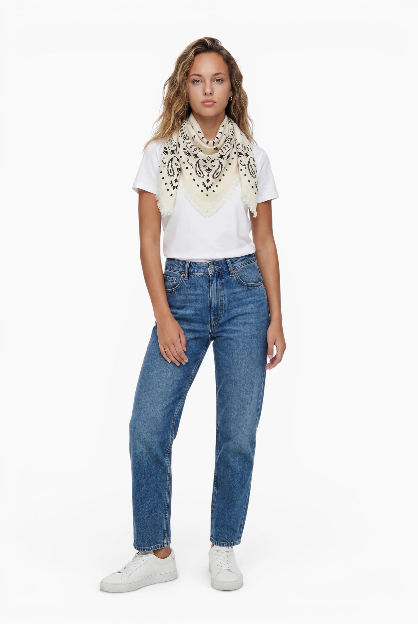 Kaschmir Tuch mit Paisley Print Weiss mit Schwarz