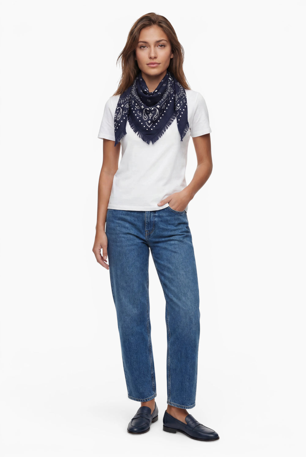 Kaschmir Tuch mit Paisley Print Navy mit weiss