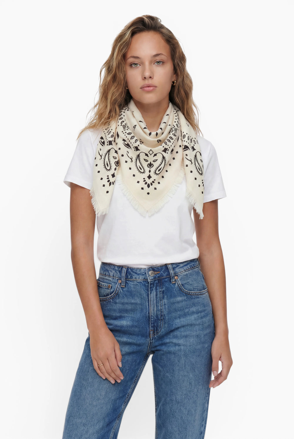 Kaschmir Tuch mit Paisley Print Weiss mit Schwarz