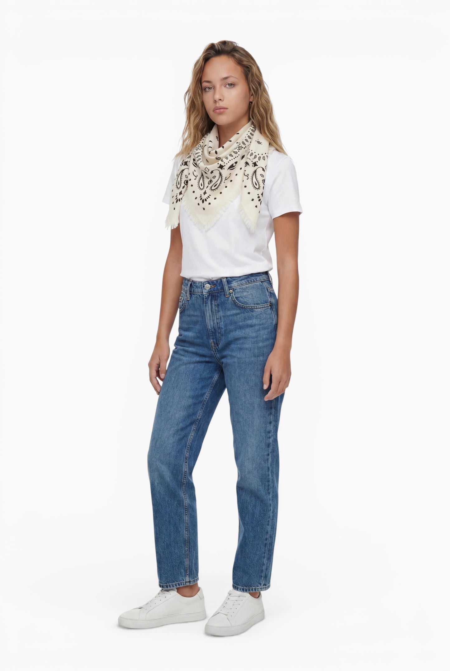 Kaschmir Tuch mit Paisley Print Weiss mit Schwarz