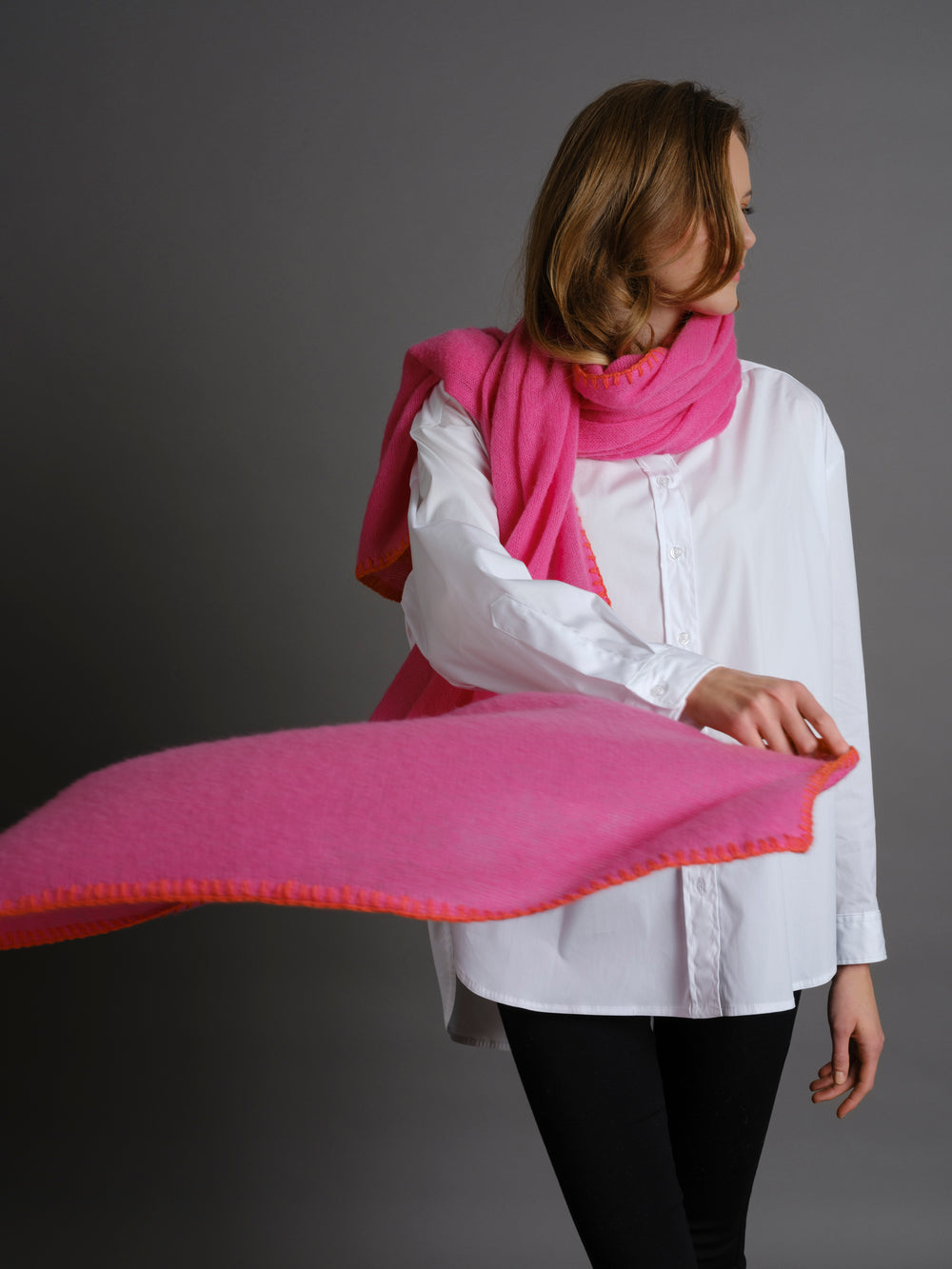 Cashmere Scarf Horsestitch Pink Yarrow with contrast stitching in Flamingo